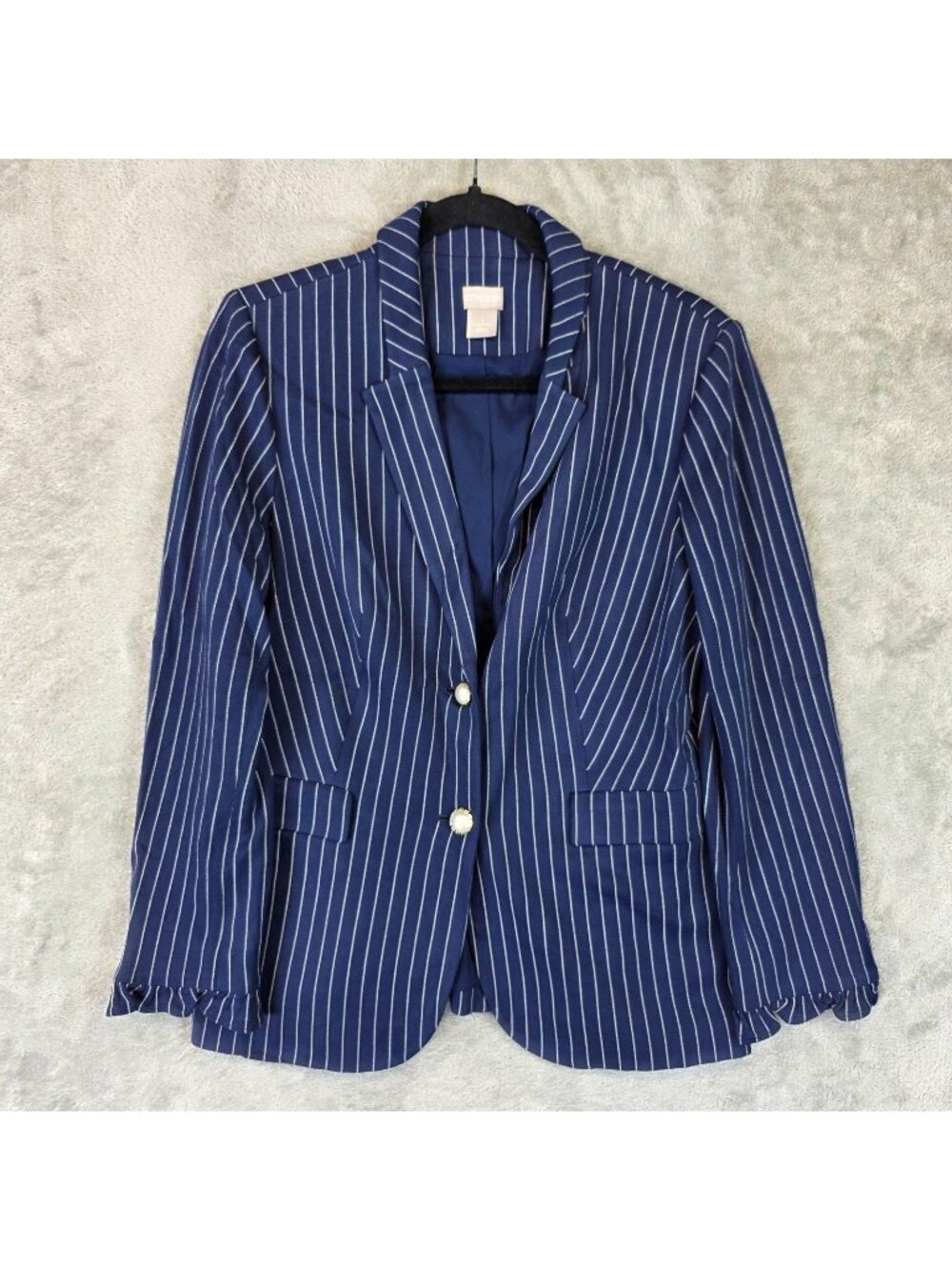 Chico's Blazer Womens M Blue Pinstripe Two Button Lined Stretch Jacket Work